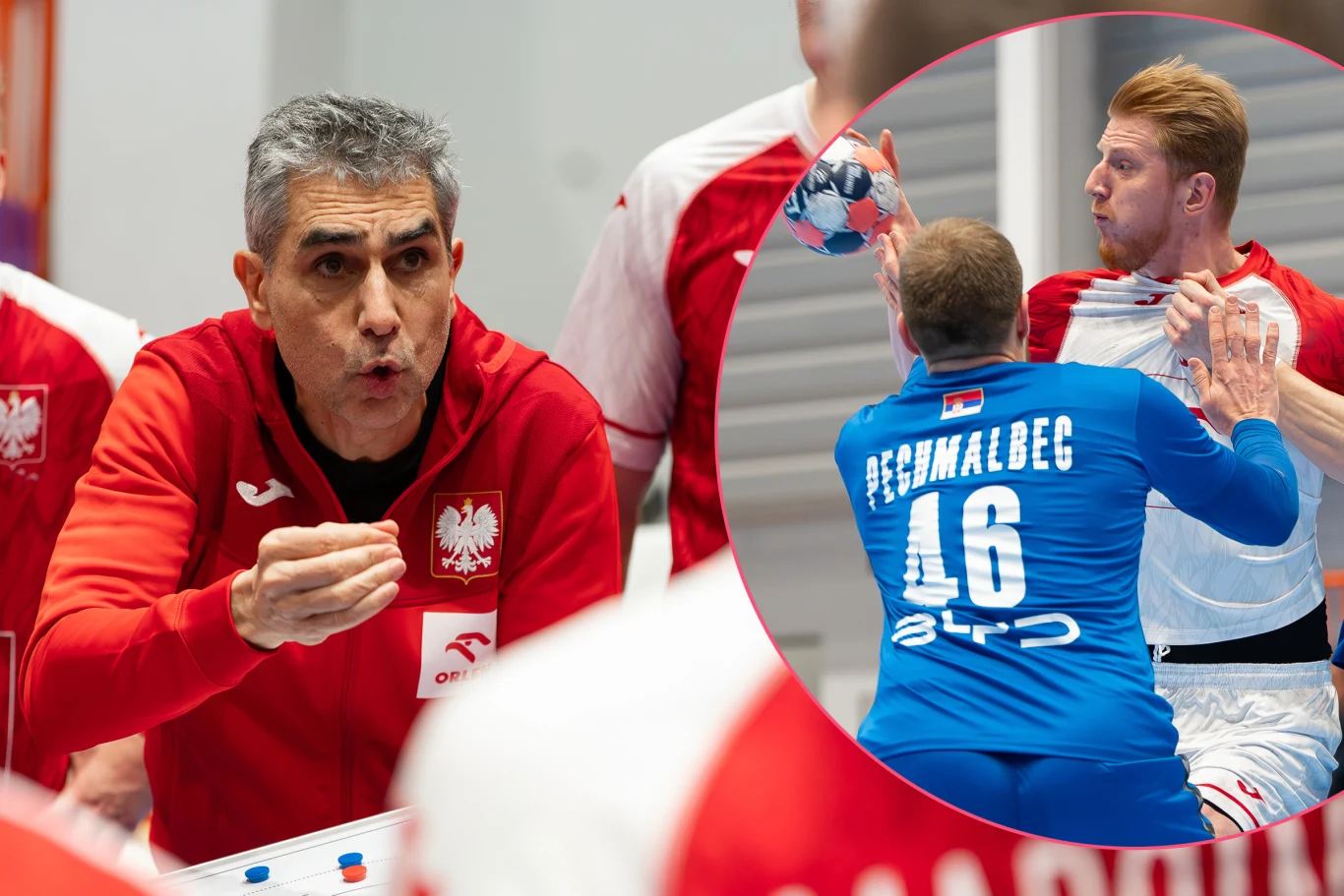 Jota Gonzalez ogłosił ostateczny skład reprezentacji Polski na EURO. Po trzech latach znów w wielkiej imprezie zagra Tomasz Gębala Trener w czerwonym stroju z godłem Polski udziela instrukcji, obok w okrągłym wstawieniu dynamiczna akcja piłki ręcznej pomiędzy zawodnikami reprezentującymi różne drużyny, jeden z nich w niebieskim stroju z nazwiskiem i numerem 46.