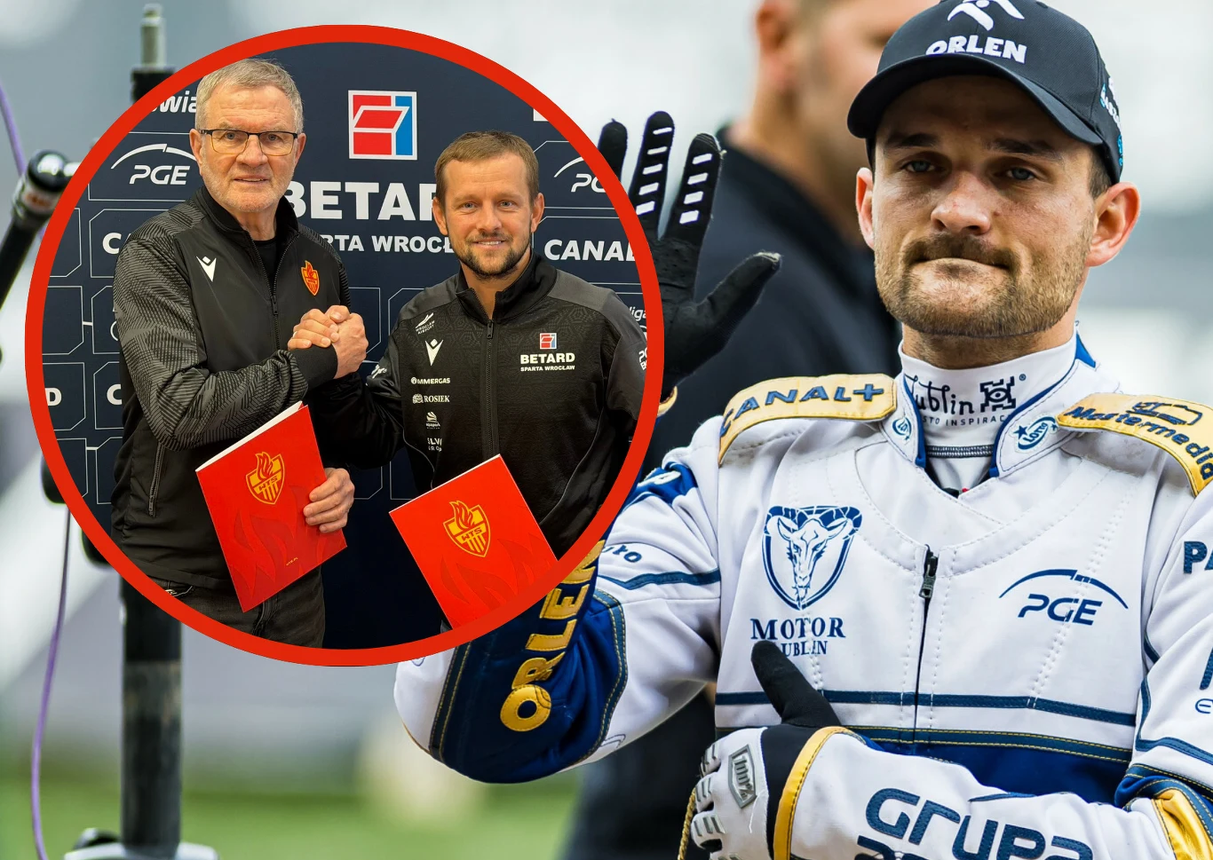 Artiom Łaguta na dłużej w Sparcie Wrocław. Wiemy, co to oznacza dla Bartosza Zmarzlika. Sportowiec w stroju żużlowym stoi z widocznym logiem sponsora oraz herbu drużyny, obok okrągłe wklejenie przedstawiające dwóch mężczyzn ściskających sobie dłonie i trzymających czerwone teczki, w tle logo sponsora i ligi.