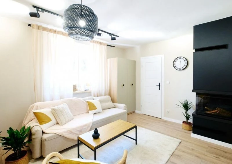 Salon z klimatycznym kominkiem. Fot. Materiały prasowe/Nasz Nowy Dom/Polsat