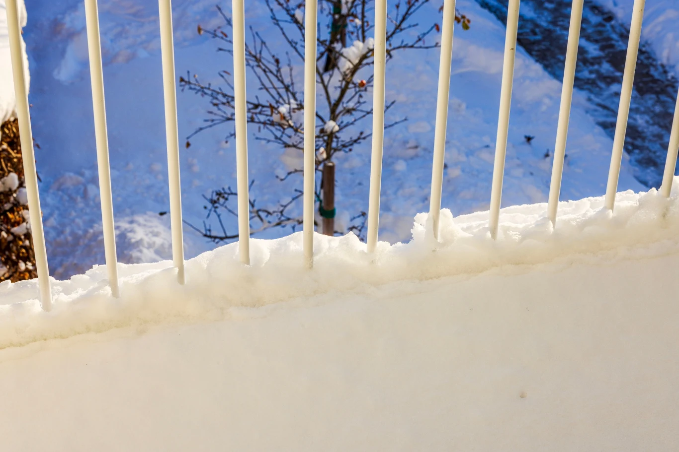 Warstwa śniegu zgromadzona na górnej części murku oraz metalowe pręty ogrodzenia z widokiem na pokrytą śniegiem alejkę i nagie drzewo w tle.