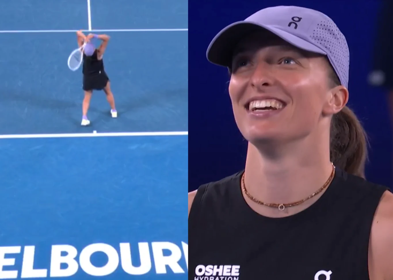 Iga Świątek podczas "1 Point Slam" Zawodniczka tenisowa w czarnym stroju przygotowująca się do serwisu na korcie w Melbourne, obok zbliżenie jej twarzy w czapce sportowej z uśmiechem.