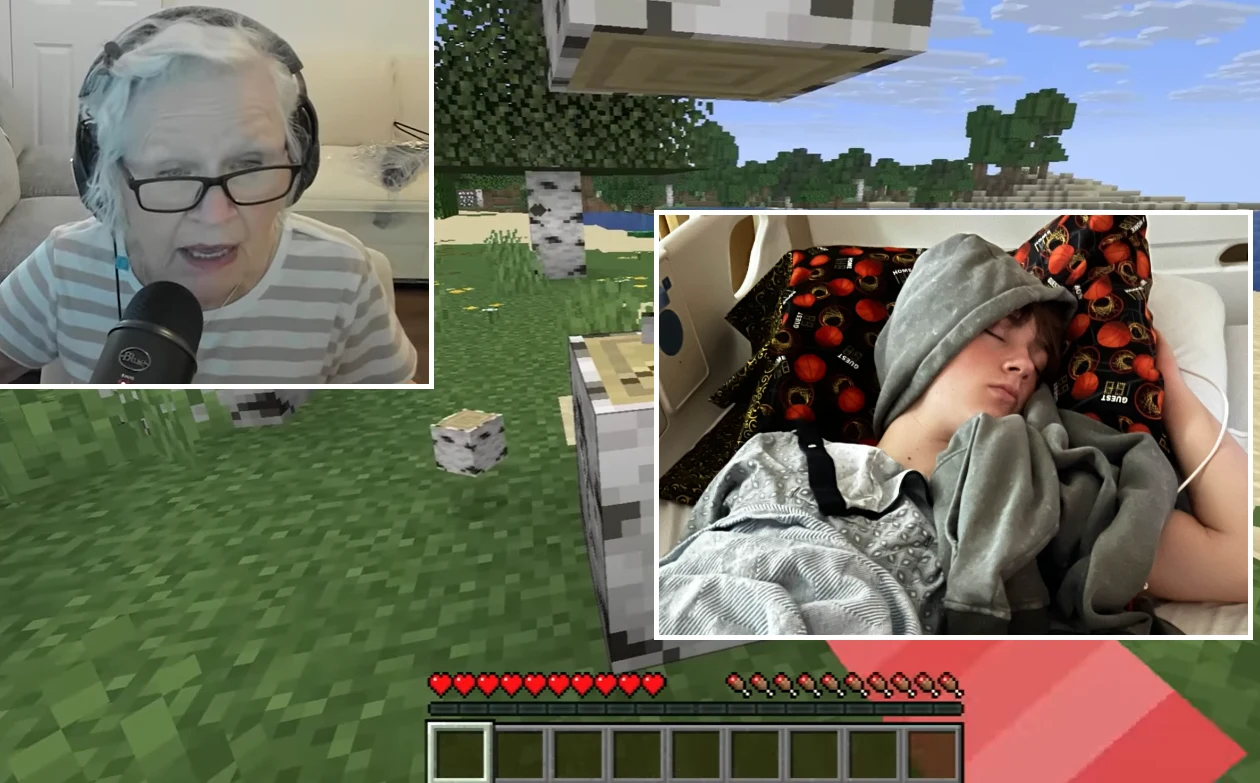 81-latka została YouTuberką i gamerką, by pomóc swojemu wnukowi Starsza kobieta z mikrofonem i słuchawkami siedzi przy biurku, w tle ekran gry komputerowej Minecraft. Oprócz tego widać zdjęcie młodej osoby śpiącej pod kocem, leżącej na poduszce z czarnym wzorem.