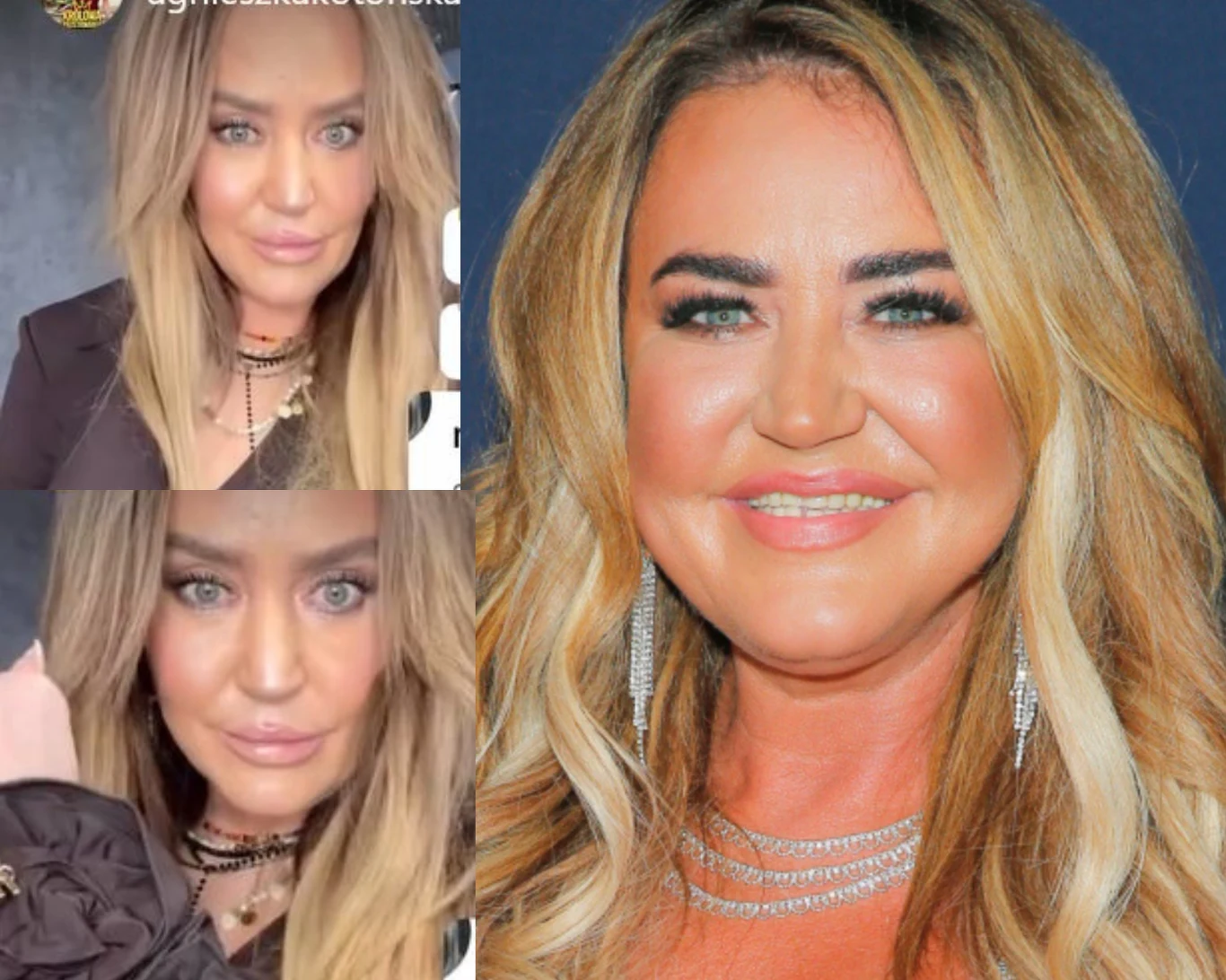 Kobieta o blond włosach i niebieskich oczach, ubrana w czarną bluzkę oraz naszyjniki. Trzy ujęcia portretowe w różnych kadrach, wyraz twarzy naturalny, makijaż podkreślający oczy, długie włosy ułożone falami.