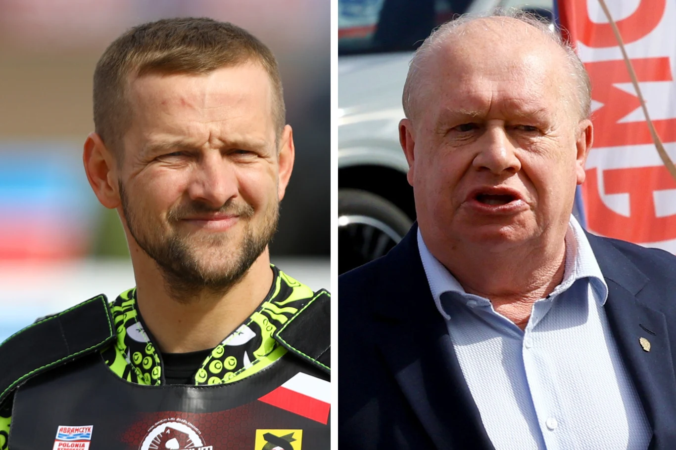 Leszek Tillinger wskazuje na poważny błąd, jaki popełnił prezes Polonii w rozmowach z Łagutą Dwa portrety mężczyzn przedstawione obok siebie, po lewej stronie mężczyzna w stroju sportowym żużlowca, po prawej elegancko ubrany starszy mężczyzna w garniturze bez krawata, tło rozmyte.