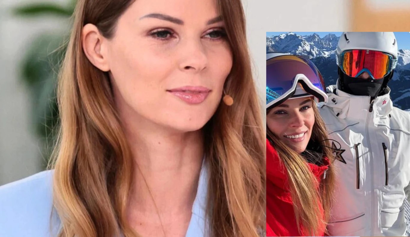 Kobieta o długich, brązowych włosach w jasnym stroju z dyskretnym mikrofonem na policzku, w prawym górnym rogu wstawka ze zdjęciem dwojga ludzi w strojach narciarskich na tle górskiego krajobrazu, kobieta w czerwonym kombinezonie i mężczyzna w białym s...