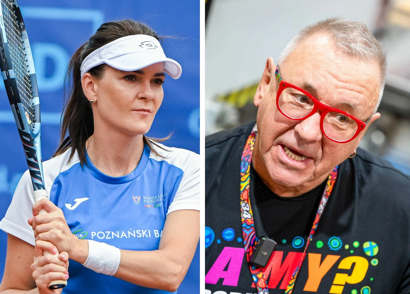 Po lewej stronie kobieta ubrana w sportowy strój tenisowy z rakietą, na głowie biała czapka z daszkiem. Po prawej starszy mężczyzna w okularach o czerwonych oprawkach, ubrany w kolorową koszulkę z napisem, z zawieszką na szyi, wyrażający ekspresję twarzy.