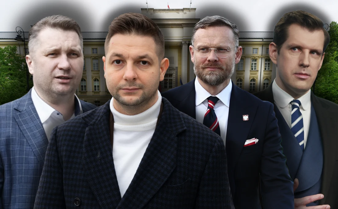 Sondaż. Kto powinien zostać kandydatem na "młodego premiera" z PiS (od lewej: Przemysław Czarnek, Patryk Jaki, Zbigniew Bogucki, Tobiasz Bocheński) Czterech mężczyzn w garniturach stoi na pierwszym planie przed dużym budynkiem o charakterze urzędowym, widocznym w tle, każde z nich patrzy poważnie w stronę aparatu, tło lekko rozmyte.