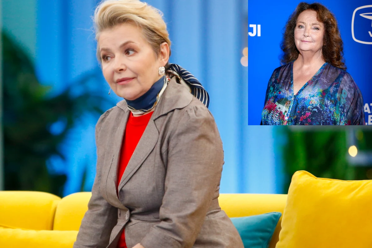 Aleksandra Koniczna, Anna Dymna Kobieta o jasnych włosach siedzi na żółtej sofie, ubrana w szarą marynarkę i czerwony golf, obok niej znajduje się poduszka w niebieskim kolorze. W prawym górnym rogu znajduje się mniejsze zdjęcie drugiej kobiety z brązowymi włosami, ubranej w kolorową...