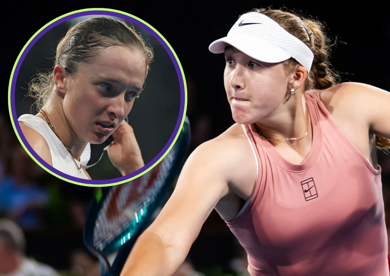 Zawodniczka w sportowym stroju wykonuje dynamiczny ruch rakietą tenisową podczas meczu, a na zdjęciu w lewym górnym rogu widoczna jest okrągła wstawka z twarzą innej tenisistki analizującej sytuację na korcie.