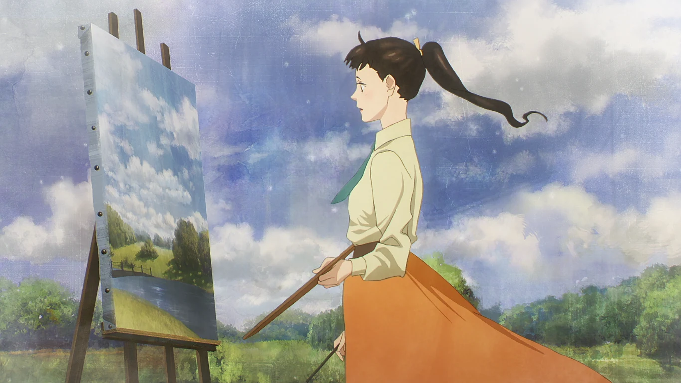 Kobieta w długiej pomarańczowej spódnicy maluje krajobraz na stojącym sztaludze płótnie, otoczenie stanowi zielona łąka i rozległe niebo pokryte białymi chmurami.