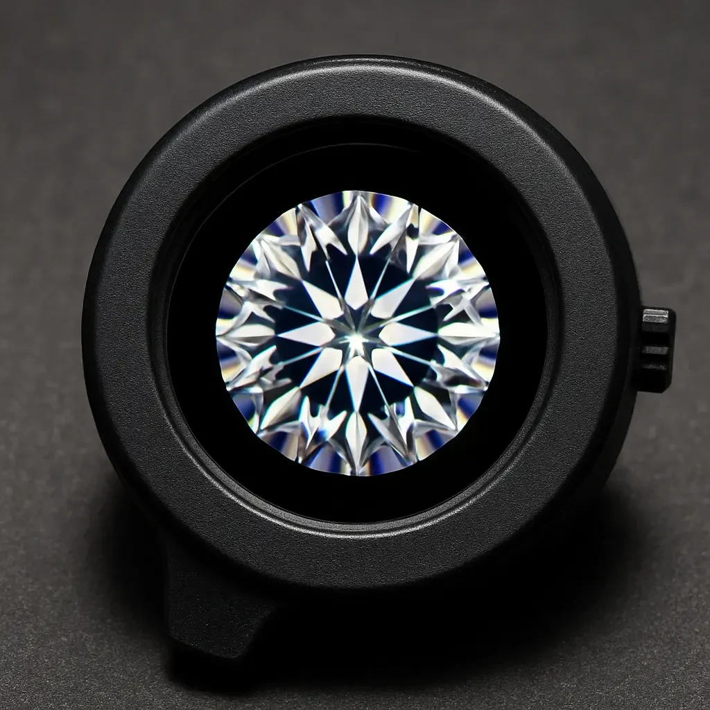 Lupa jubilerska z soczewką powiększającą, przez którą widoczny jest diament o idealnie symetrycznym szlifie, tworzącym wzór serc i strzał.