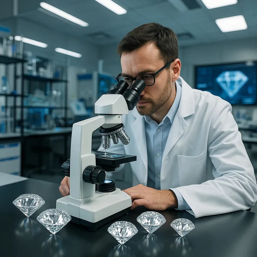 Mężczyzna w białym fartuchu laboratoryjnym analizuje diament pod mikroskopem, na stole obok znajduje się kilka dużych diamentów, wnętrze nowoczesnego laboratorium naukowego w tle.