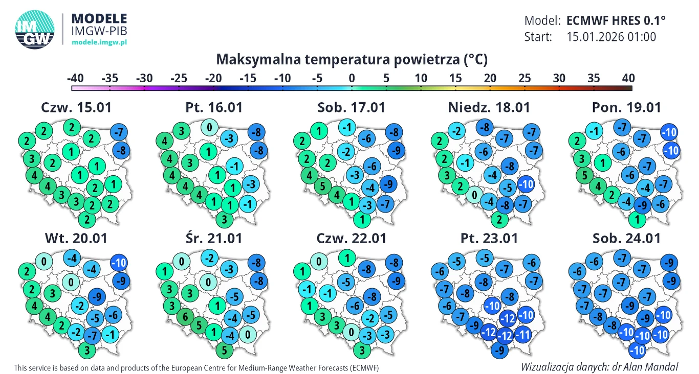 Mapa Polski z prognozami maksymalnych temperatur powietrza na kolejne dni stycznia, z podziałem na regiony i wartościami podanymi w stopniach Celsjusza, dominują niskie wartości, przeważają kolory zielony i niebieski.