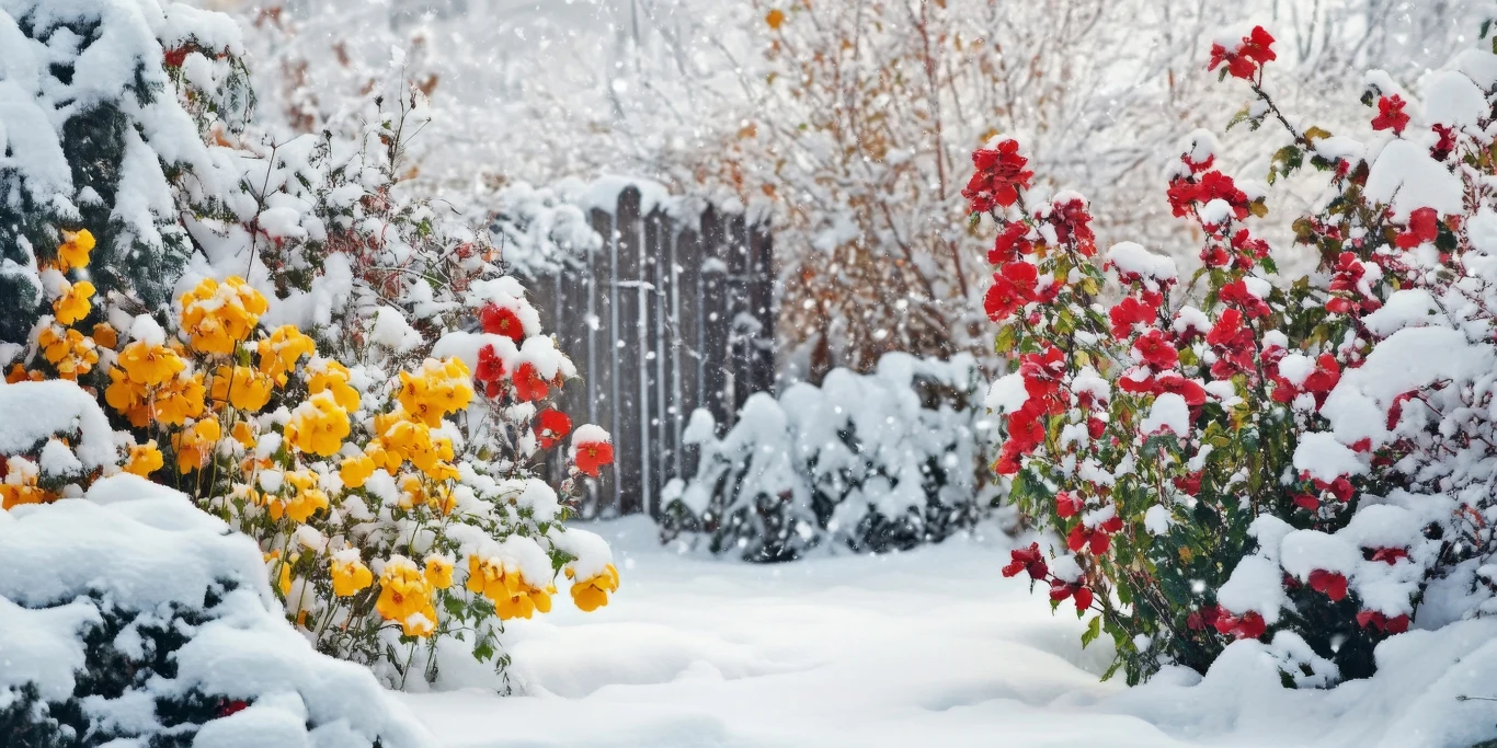 Kolorowe krzewy o żółtych i czerwonych kwiatach pokryte grubą warstwą śniegu, w tle drewniane ogrodzenie otoczone zimowym krajobrazem.
