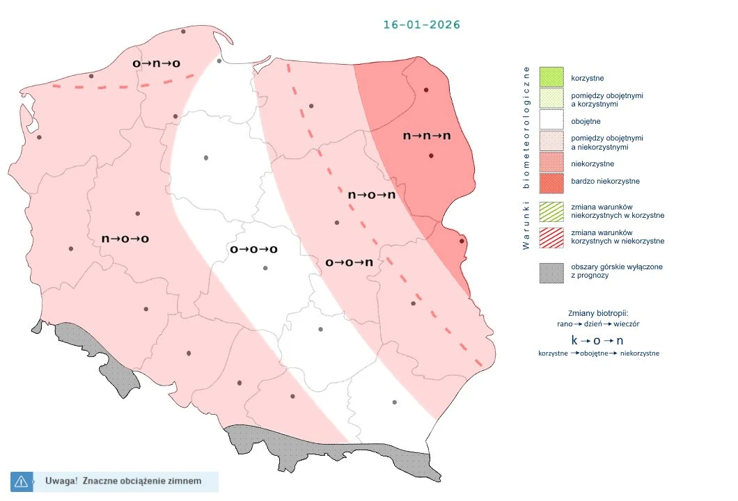 Mapa biometeorologiczna Polski z dnia 16 stycznia 2026 roku, prezentująca wpływ warunków pogodowych na samopoczucie ludzi, z wyraźnym ostrzeżeniem przed znacznym ochłodzeniem. Mapa podzielona na strefy o różnym stopniu niekorzystnych i niebezpiecznych ...