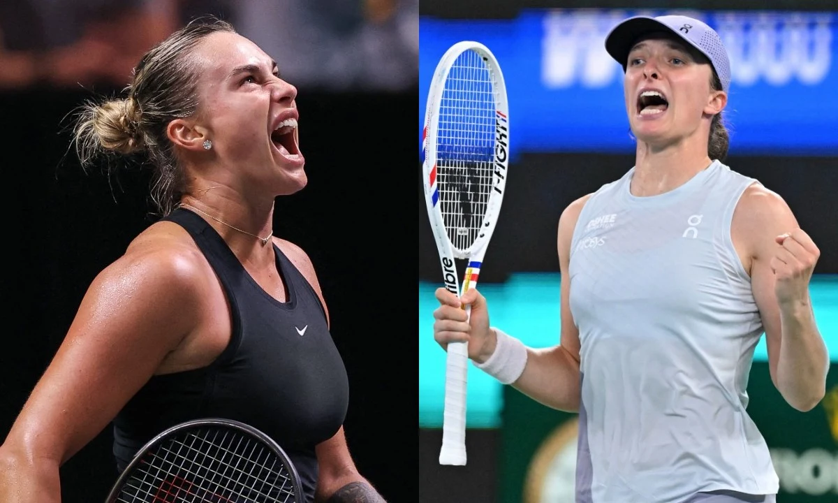 Aryna Sabalenka wprost na temat rywalizacji z Igą Świątek Dwie zawodniczki tenisowe z rakietami w dłoniach świętujące sukces na korcie, wyrażające emocje i radość poprzez głośne okrzyki i energiczne gesty.