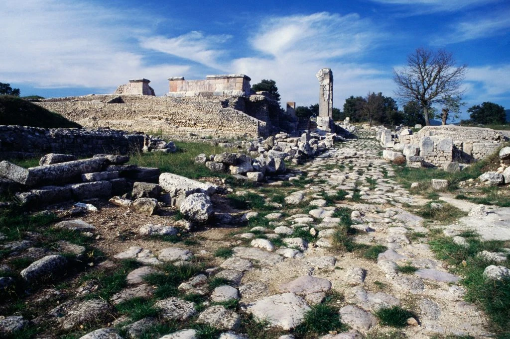 Starożytne ruiny z kamienną drogą prowadzącą przez pozostałości murów i kolumn, fragmenty zabudowań na wzniesieniu oraz osamotnione drzewo na tle nieba z lekkim zachmurzeniem.