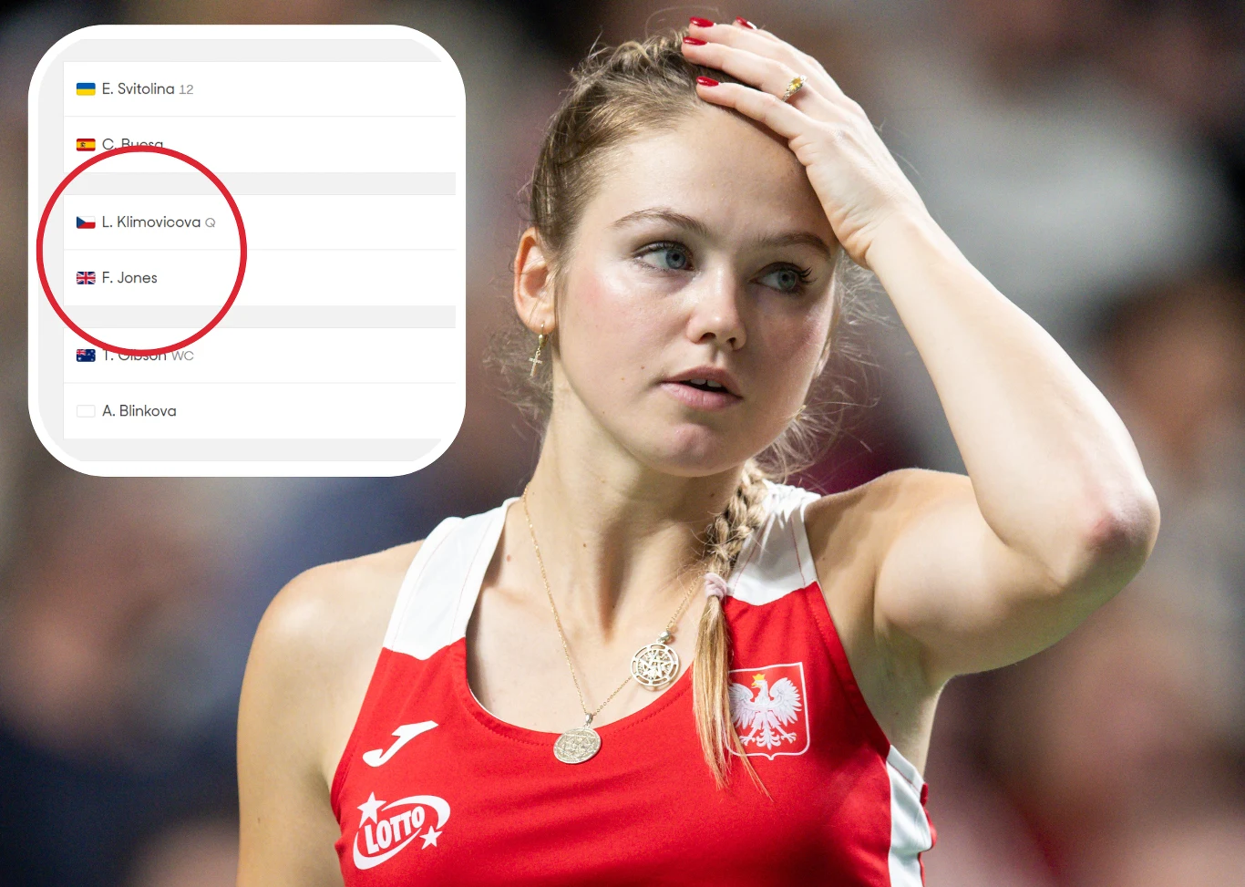 Linda Klimovicova pierwszy raz w karierze zagra na Australian Open Zawodniczka w stroju reprezentacji Polski w tenisie, lekko zaniepokojona lub zamyślona, trzyma rękę na głowie. W prawym górnym rogu widoczny fragment ekranu z listą uczestniczek turnieju, jedna pozycja jest zaznaczona czerwonym okręgiem.