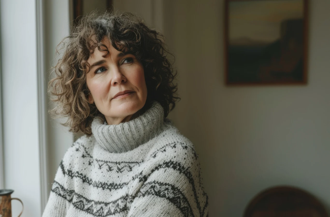 Kobieta z kręconymi włosami ubrana w biały sweter z czarnym wzorem siedzi przy oknie, patrząc zamyślonym wzrokiem w dal. W tle widać rozmazany obraz na ścianie.