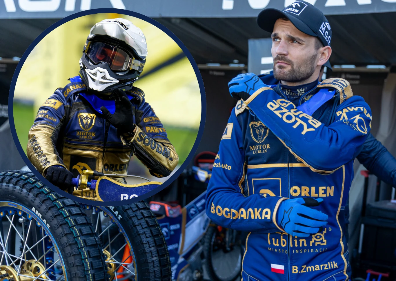 Bartosz Zmarzlik spokojnie patrz w przyszłość. Zawodnik żużlowy w stroju sportowym z widocznym logo sponsorów, przygotowujący się do startu. W tle fragment motocykla żużlowego, w kółku zbliżenie na tego samego sportowca w kasku i okularach ochronnych, siedzącego na motocyklu.