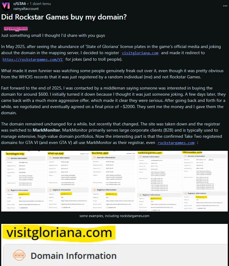 Zrzut ekranu z Reddita z wpisem użytkownika dotyczącego zarejestrowania domeny internetowej visitgloriana.com, opisującego proces jej rejestracji, negocjacji sprzedaży oraz zmianę właściciela. W treści pojawia się informacja o powiązaniu z firmą Rockst...
