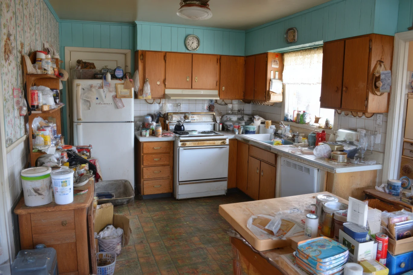Przeanalizuj swoje nawyki w kontekście przechowywania, inaczej kuchnia utonie w zbędnych rzeczach Zagracona kuchnia w stylu retro z drewnianymi szafkami, białą kuchenką, lodówką i licznymi naczyniami oraz produktami spożywczymi rozłożonymi na blatach i stole. Przez okno wpada naturalne światło, nadając pomieszczeniu cieplejszy klimat.