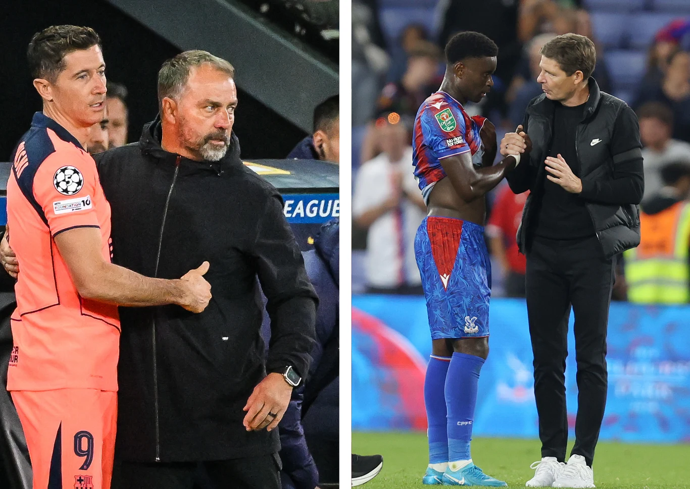 Po lewej stronie zawodnik w różowym stroju piłkarskim i trener obejmują się podczas meczu, po prawej dwóch piłkarzy w kolorowych strojach oraz trener rozmawiają na tle boiska piłkarskiego.