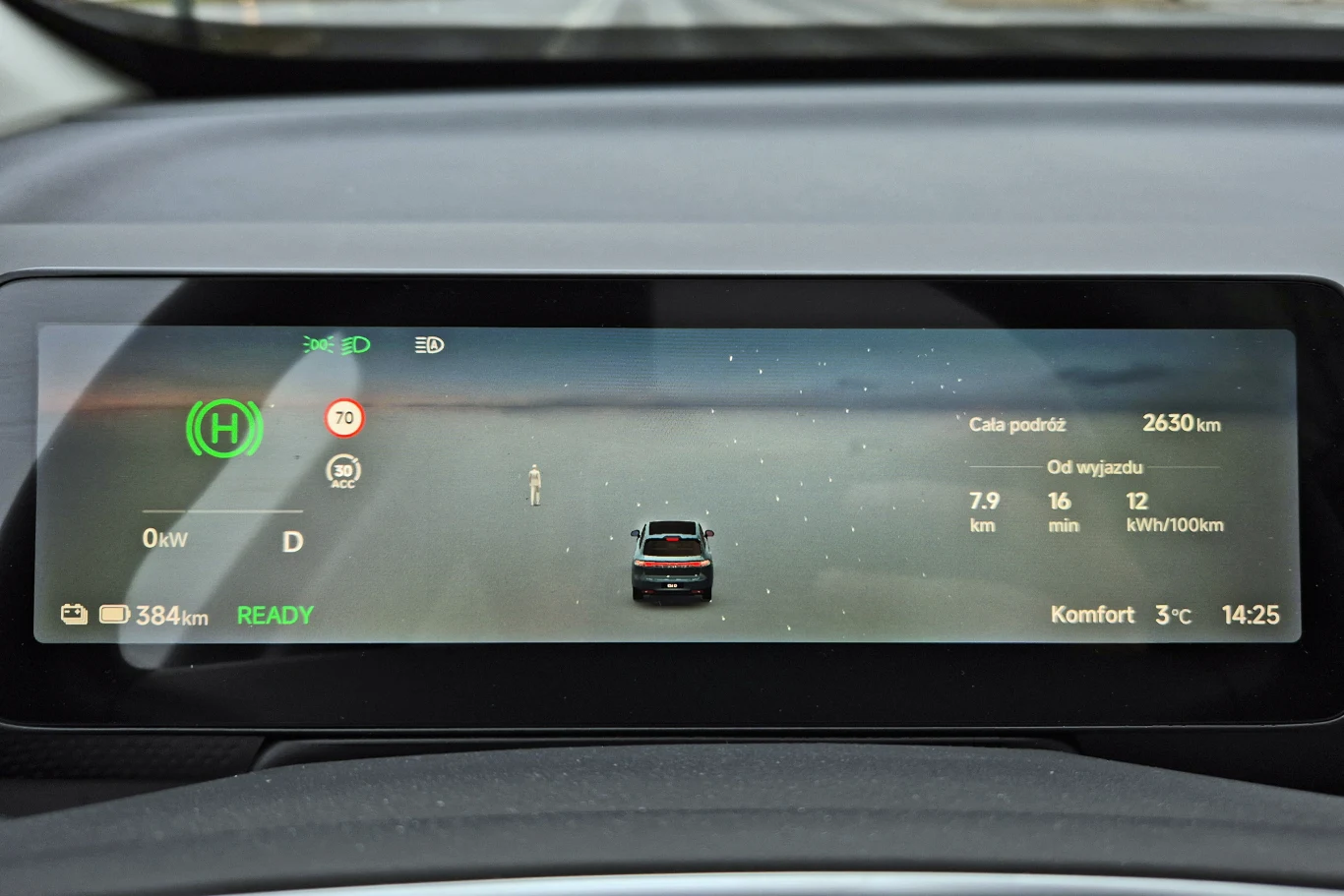 Cyfrowy ekran samochodowy wyświetlający informacje o zużyciu energii, zasięgu, trybie jazdy oraz warunkach komfortu na tle widoku stylizowanej drogi z graficznym modelem samochodu.