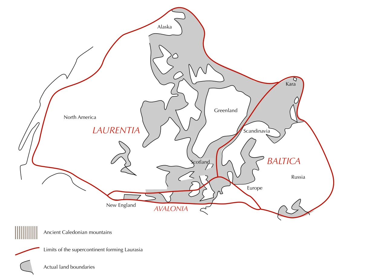 Mapa paleogeograficzna przedstawiająca granice superkontynentu Laurosja z zaznaczonymi fragmentami Laurencji, Baltiki i Avalonii oraz umiejscowieniem dawnych gór kaledońskich. Oznaczenia obejmują współczesne regiony takie jak Alaska, Grenlandia, Nowa A...