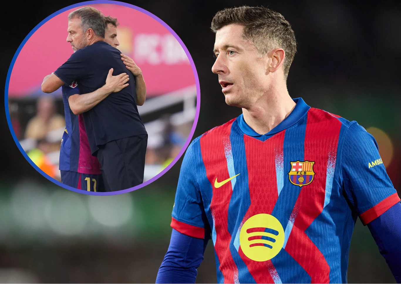 Piłkarz w stroju FC Barcelony na pierwszym planie podczas meczu, w lewym górnym rogu wstawka pokazująca trenerów lub piłkarzy obejmujących się na tle boiska.