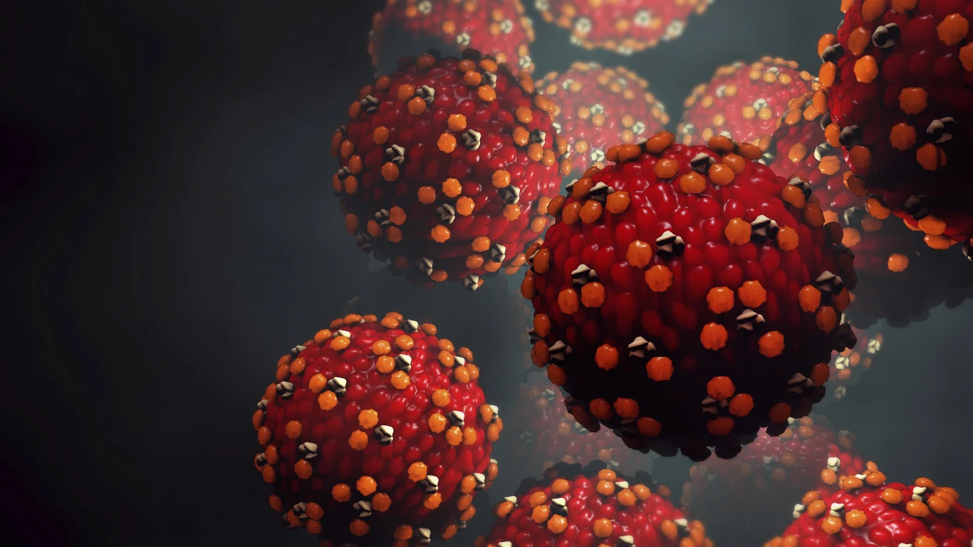 Kilka powiększonych, czerwono-pomarańczowych wirusów z widocznymi białymi i ciemnymi wypustkami na powierzchni, unoszących się w rozmytym, ciemnym tle.