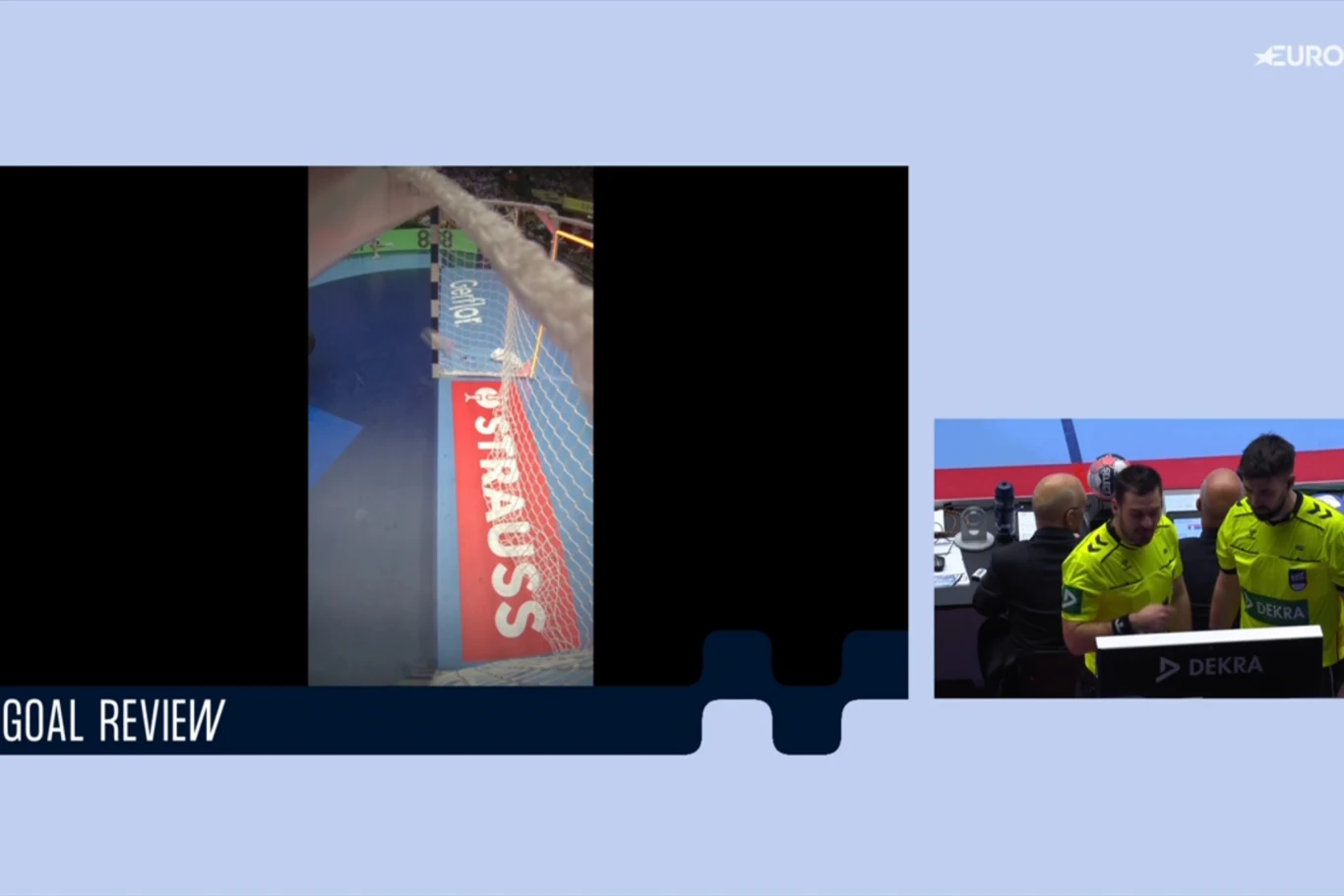 Analiza decyzji o golu przez system wideo w trakcie meczu sportowego, widoczne zbliżenie na bramkę oraz dwóch sędziów przy monitorze, ubranych w żółte stroje.