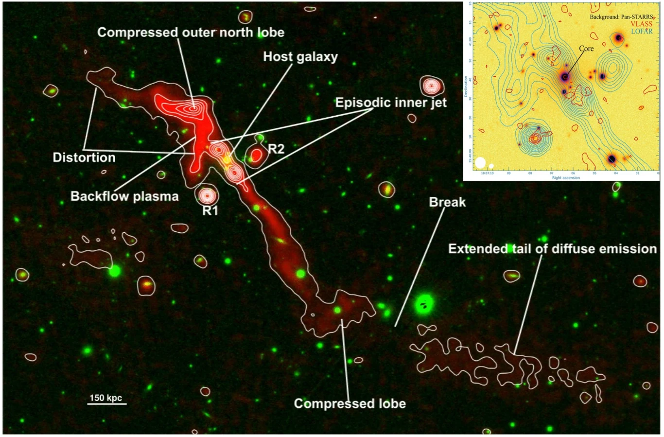 Mapa radiowa galaktyki z aktywnym jądrem, wyraźnie zaznaczone struktury emisji, takie jak zewnętrzne i wewnętrzne płaty radiowe, dżet, plazma oraz zaznaczone na żółto kontury intensywności wraz z podpisami opisującymi poszczególne elementy.