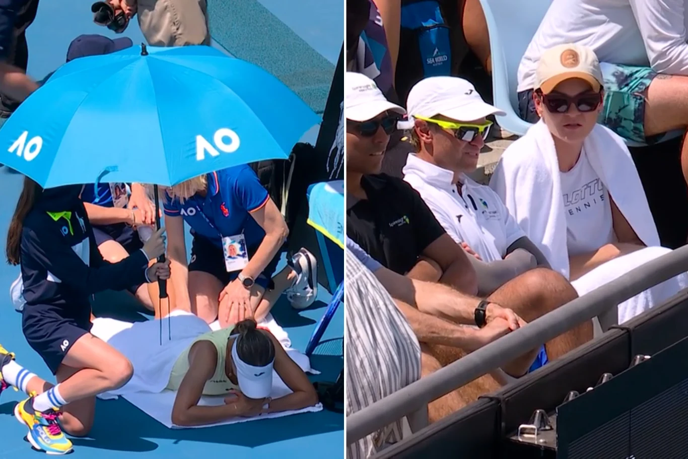 Po lewej zawodniczka tenisa leży na korcie pod niebieskim parasolem, otoczona przez personel medyczny, po prawej kilku widzów na trybunach, jedna z osób nosi okulary przeciwsłoneczne oraz czapkę.