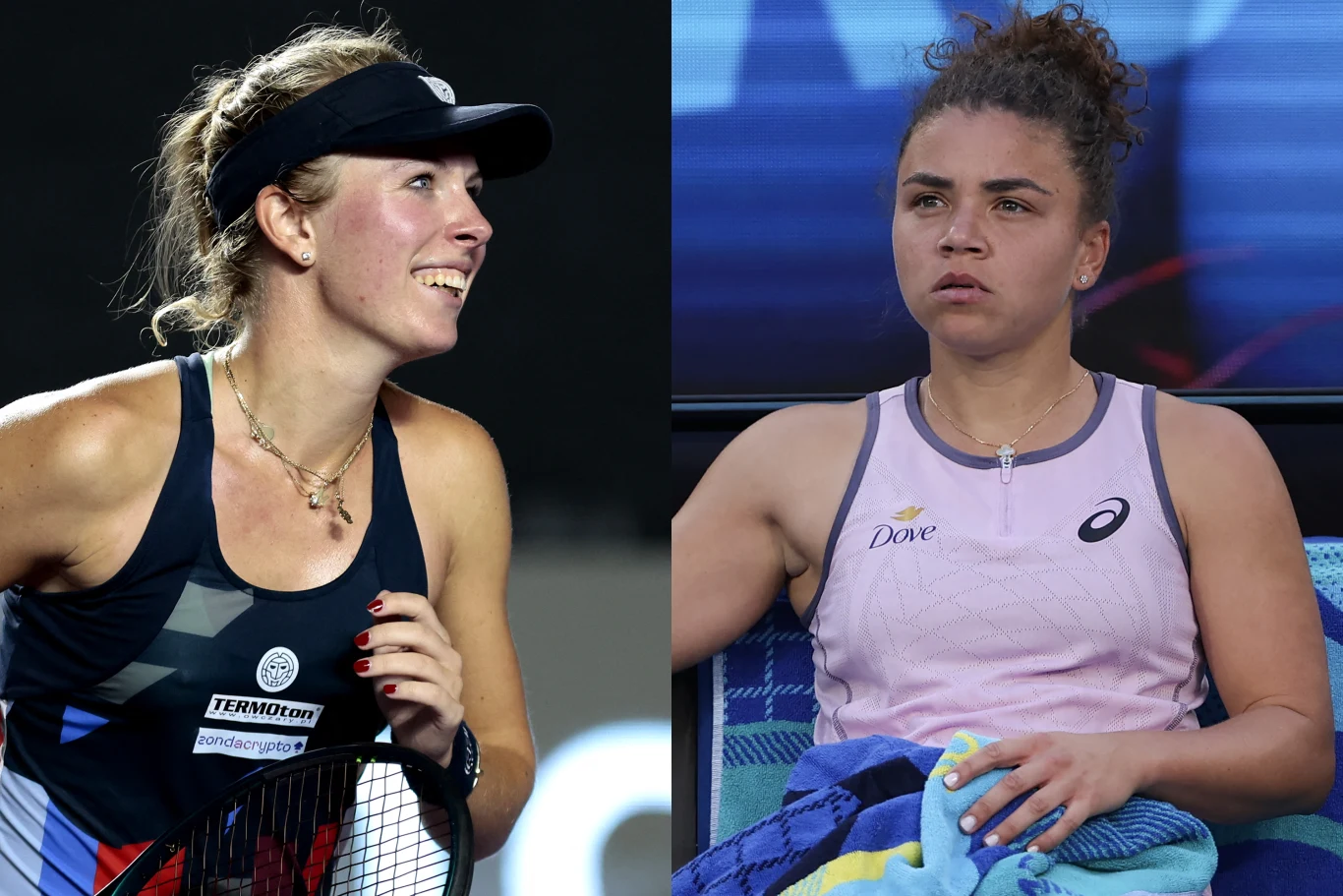 Magdalena Fręch i Jasmine Paolini zmierzą się ze sobą w drugiej rundzie Australian Open 2026 Po lewej stronie kobieta w sportowym stroju tenisowym z rakietą w dłoni, uśmiechnięta, po prawej stronie kobieta w jasnym stroju sportowym siedząca na ławce, owinięta ręcznikiem, o poważnym wyrazie twarzy.