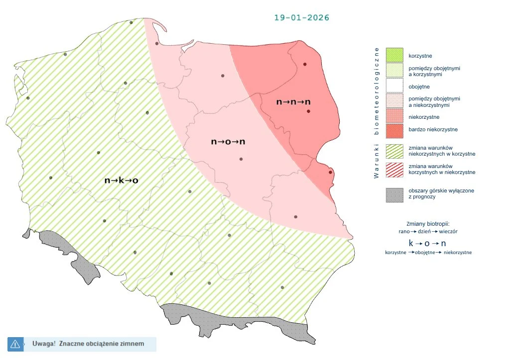 Mapa biometeorologiczna Polski z zaznaczonymi strefami oddziaływania niekorzystnego i obojętnego na organizm człowieka, legenda wyjaśniająca stopnie wpływu pogody oraz ostrzeżenie przed znacznym obciążeniem zimnem.