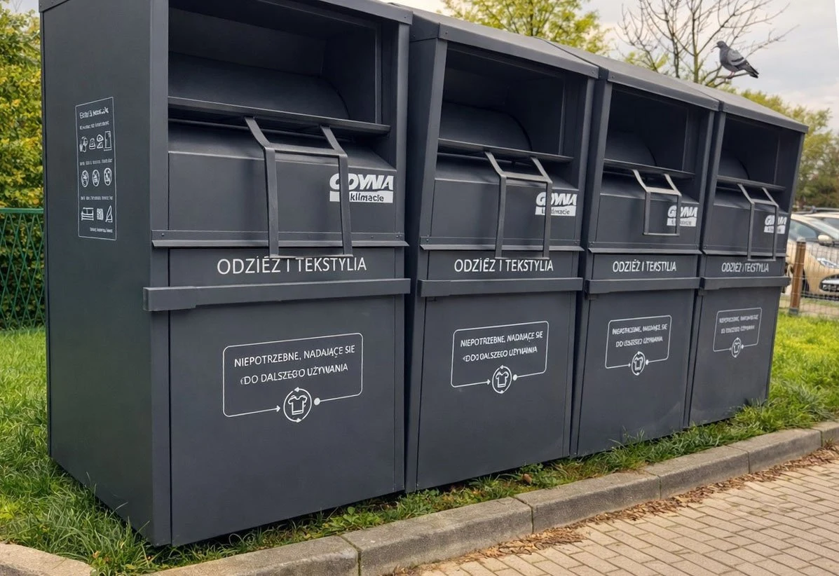 W Gdyni stanęło 300 nowych, szarych pojemników na odzież i tekstylia / fot. Wydział Środowiska Urzędu Miasta Gdyni) Rząd czterech pojemników do zbiórki odzieży i tekstyliów usytuowanych przy chodniku, każdy oznaczony napisem dotyczącym przeznaczenia kontenera, w tle zieleń i ogrodzenie.