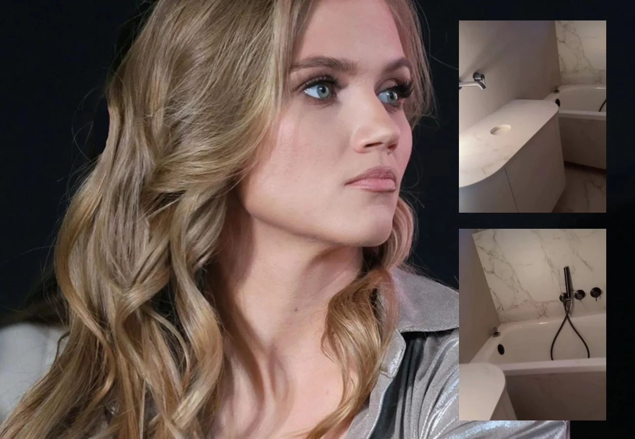 Kobieta o jasnych włosach i niebieskich oczach wpatruje się w dal, ubrana w srebrzystą koszulę, na tle ciemnego tła. Po prawej stronie dwa małe zdjęcia przedstawiające nowoczesną, jasną łazienkę z wanną i marmurową ścianą.