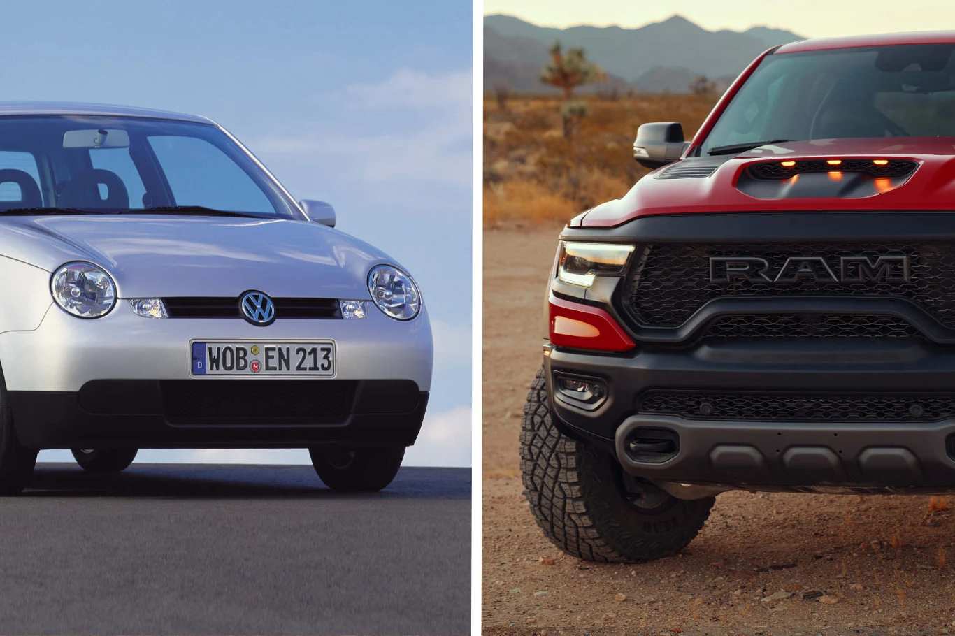 Volkswagen Lupo 1.2 TDI i RAM 1500 TRX – kontrast, który wywołał dyskusję o zasadach SCT Po lewej stronie srebrny Volkswagen Lupo z niemiecką tablicą rejestracyjną, po prawej fragment czerwonego pick-upa RAM z terenowymi oponami, widoczne górskie tło.
