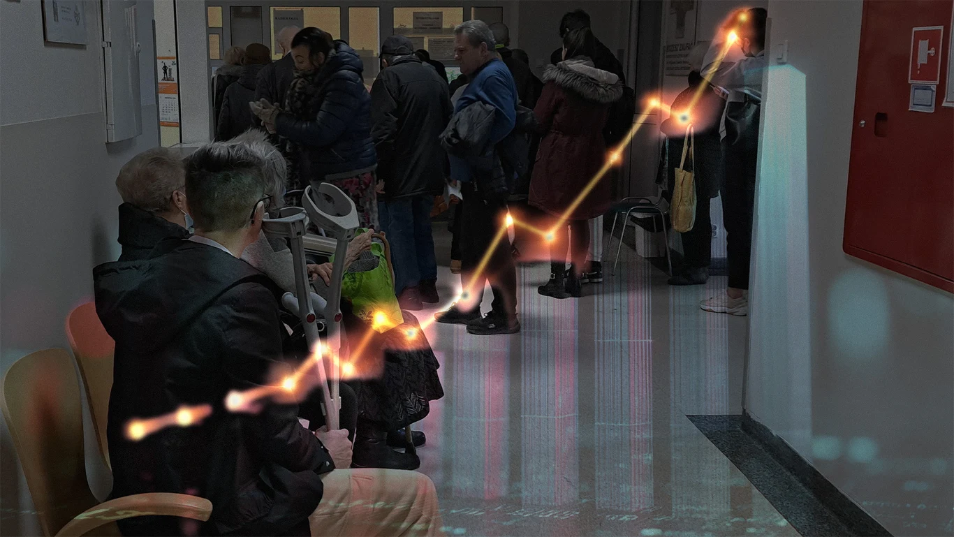 Szczyt zachorowań na grypę nastąpi za około trzy - cztery tygodnie - mówi Interii szef GIS dr Paweł Grzesiowski Tłum ludzi oczekujących na korytarzu, część z nich siedzi na krzesłach, inni stoją, w tle widać drzwi do innych pomieszczeń, a na pierwszy plan nałożony jest wykres liniowy o dynamicznym wzroście.