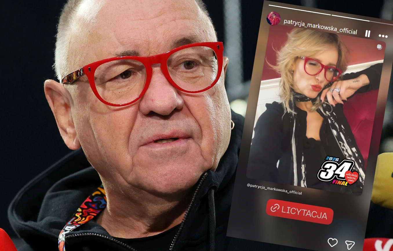 Mężczyzna w czerwonych okularach jest wyraźnie widoczny na pierwszym planie. W tle znajduje się grafika z portalu społecznościowego prezentująca kobietę w okularach robiącą pozę z pocałunkiem, po prawej stronie widoczna jest informacja o licytacji i oz...