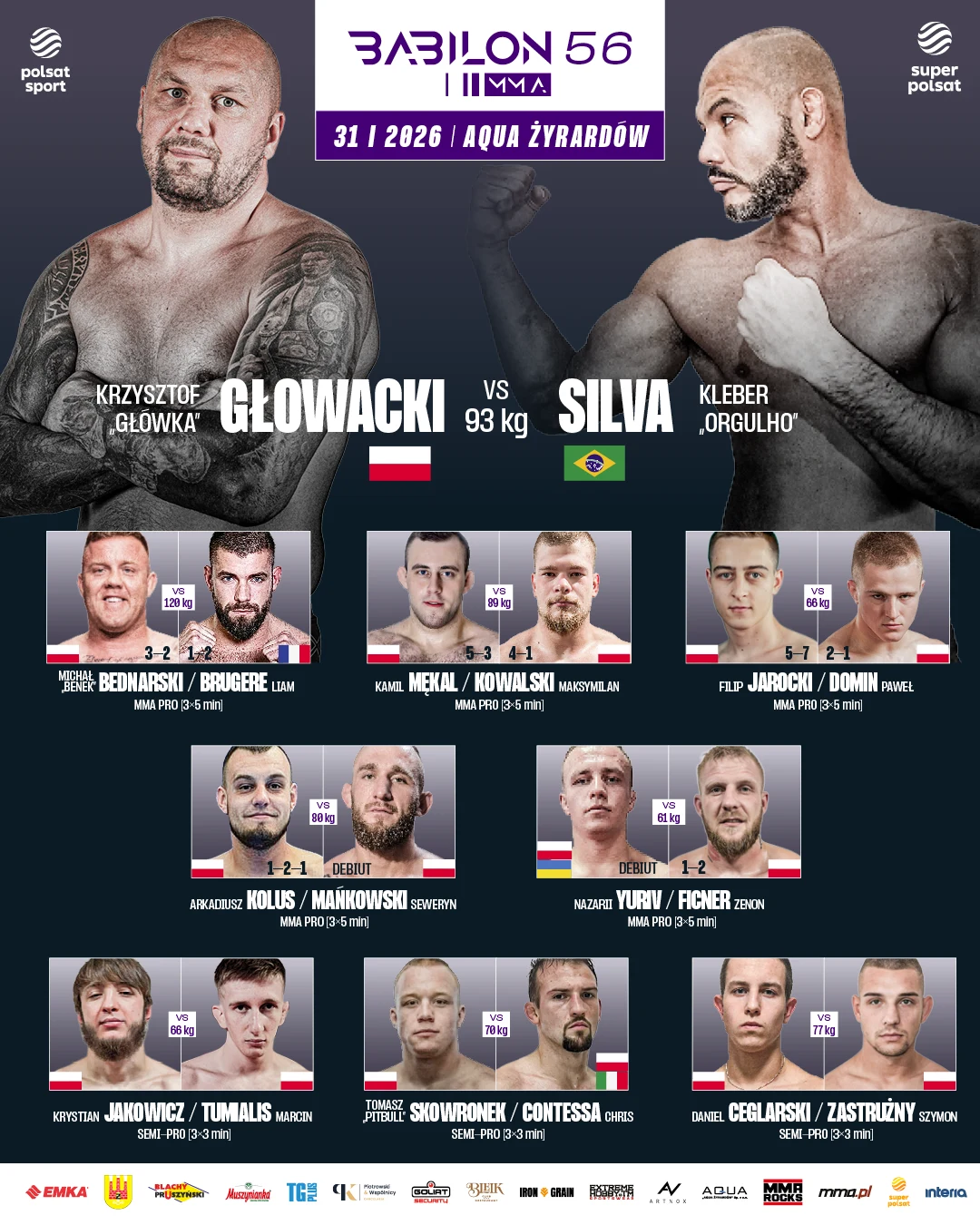 Plakat promujący galę sportów walki Babilon 56 MMA z wyeksponowanymi zdjęciami dwóch głównych zawodników, Krzysztofa Głowackiego i Klebera Silvy, wraz z zestawieniem pojedynków oraz flagami narodowymi uczestników na dole plakatu.