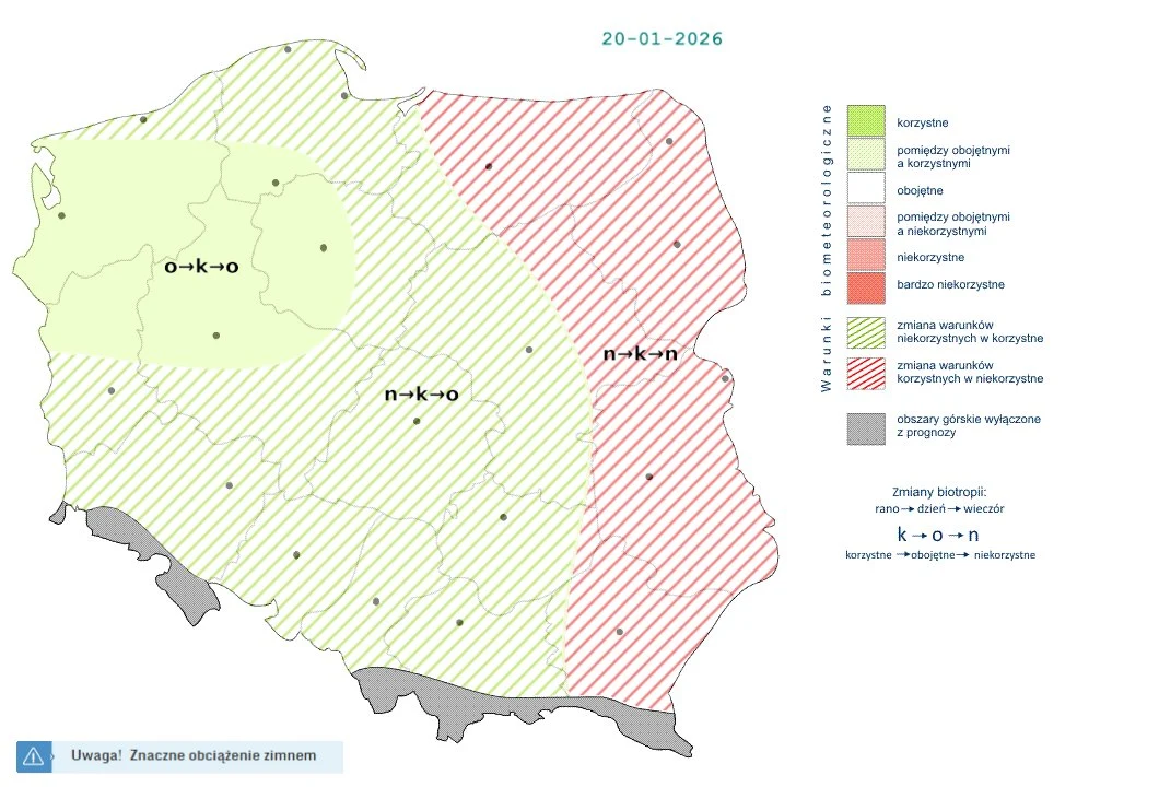 Większość mieszkańców Polski może liczyć na korzystne warunki w ciągu dnia, dzieki słonecznej i spokojnej aurze Mapa Polski z podziałem na dwie strefy biometeorologiczne, wskazujące różnice pogodowe i bioklimatyczne w kraju. Lewa strona mapy oznaczona kolorem zielonym wskazuje warunki korzystne lub obojętne dla większości obszaru, podczas gdy prawa strona w barw...