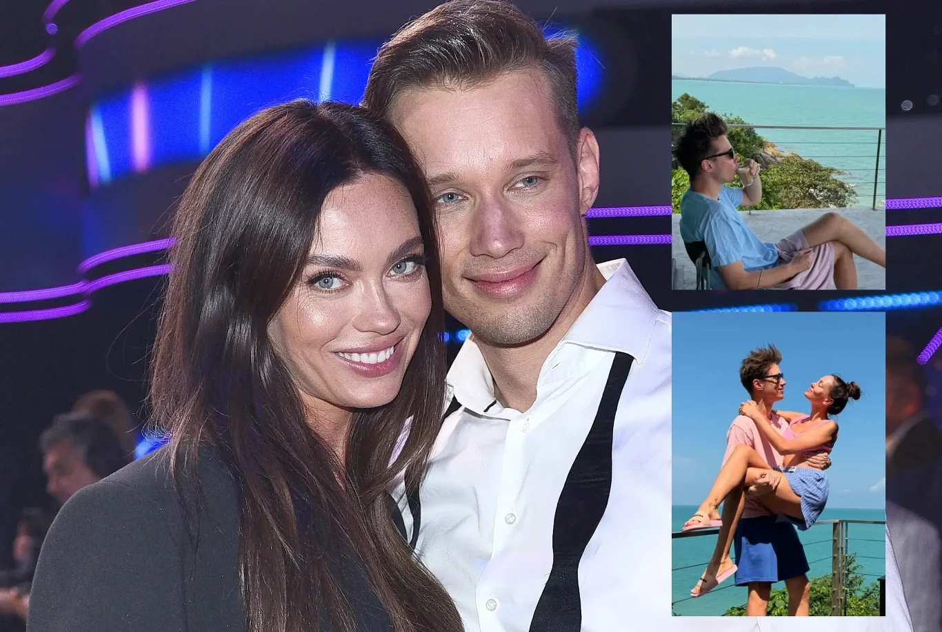 Para młodych ludzi uśmiecha się do aparatu w jasnym świetle, na drugim planie widoczne są kolorowe światła. Po prawej stronie widoczne dwa mniejsze zdjęcia tej samej pary podczas wakacji, na tle morza i zieleni, jedna z osób trzyma partnerkę na rękach.