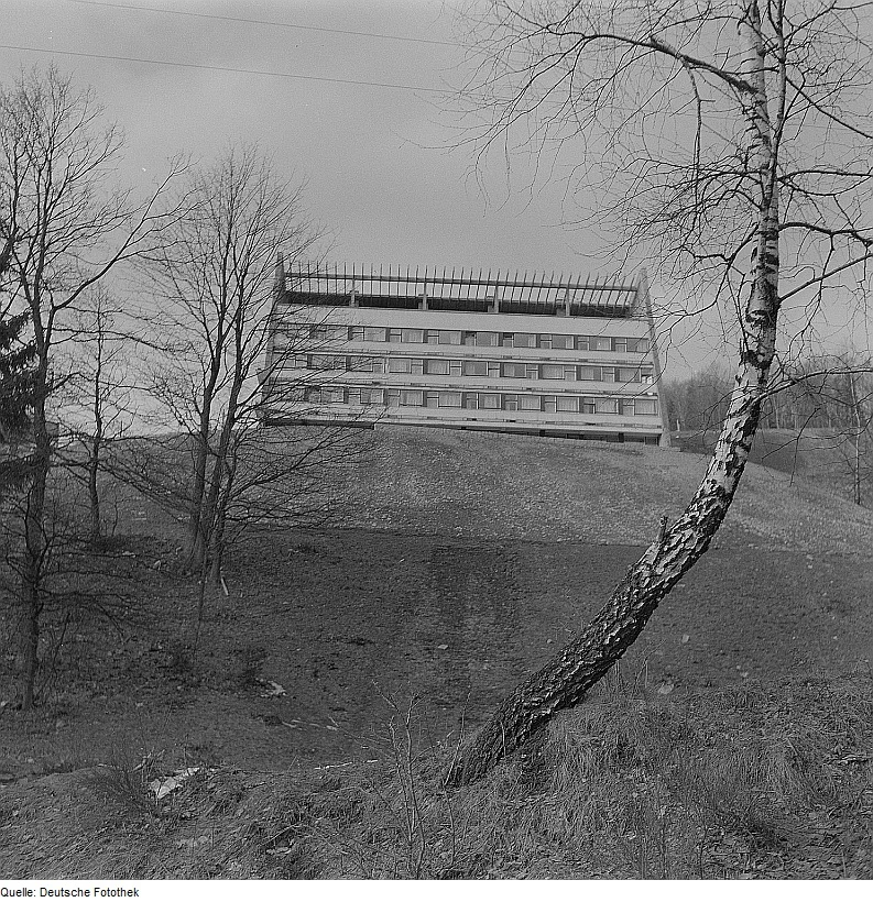 Modernistyczny, wielopiętrowy budynek z wyraźnym balkonem na każdym piętrze stoi na wzgórzu, na pierwszym planie widoczne są nagie drzewa oraz pochyłe zbocze porośnięte trawą.