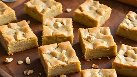 Kawałki ciasta blondie na drewnianej tacy