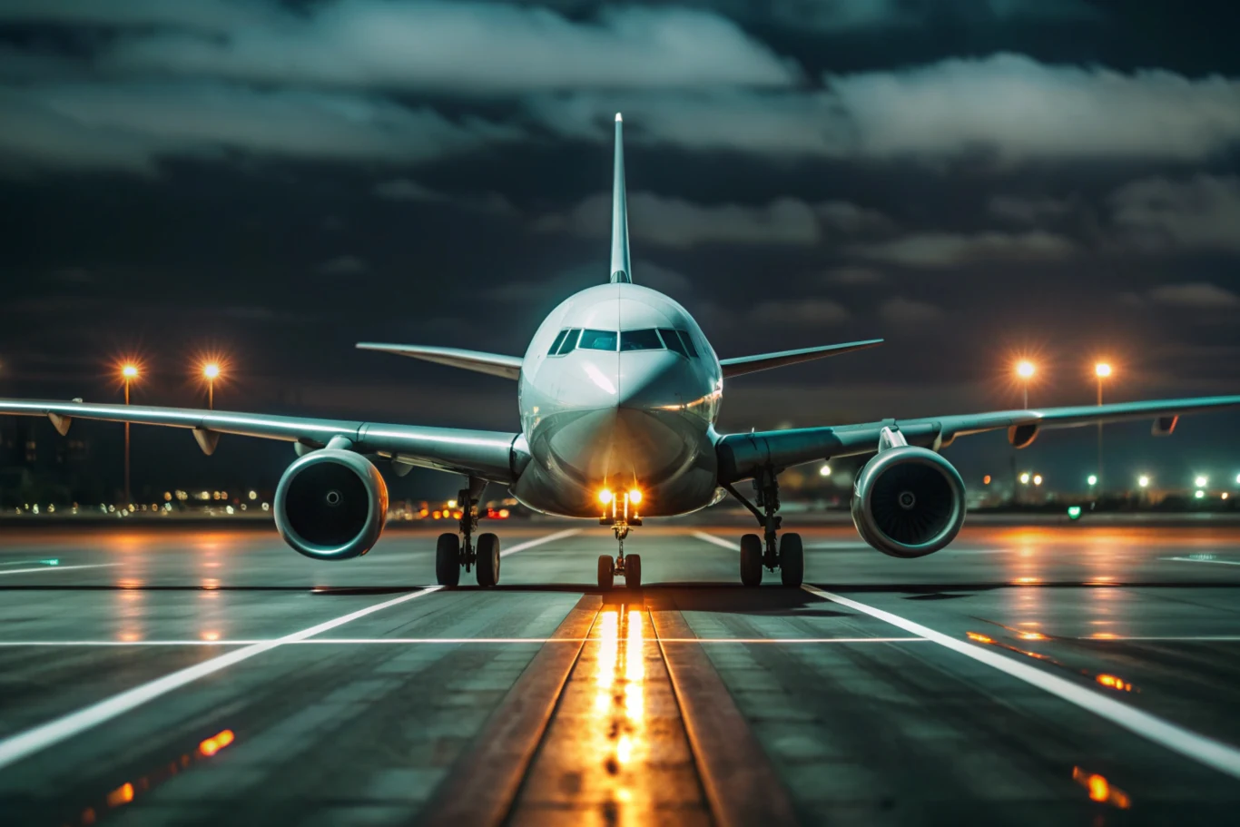 Szkocka, regionalna linia lotnicza włącza do floty elektryczny samolot Samolot pasażerski jedzie po pasie startowym. Widok z przodu, od strony kokpitu. W tle światła lotniska.