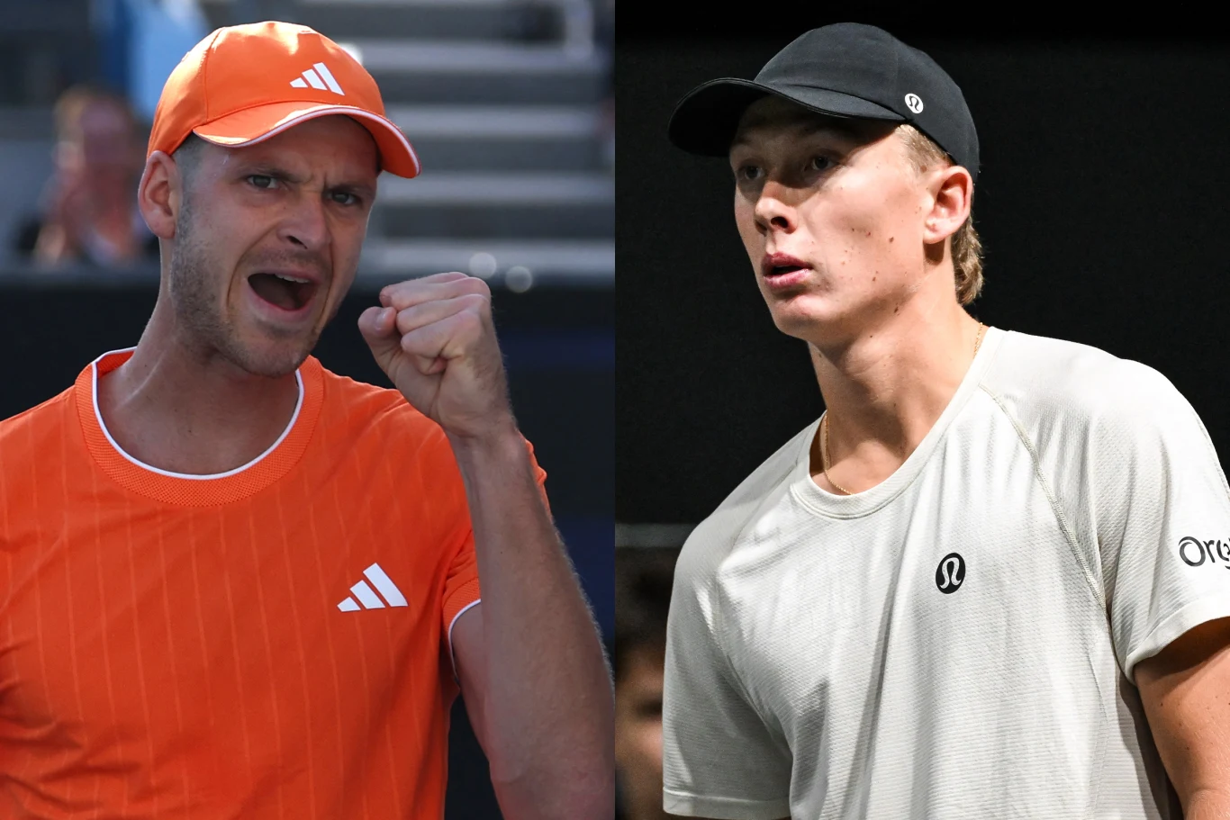 Hubert Hurkacz i Ethan Quinn. W czwartej zagrają o trzecią rundę Australian Open Dwóch tenisistów, po lewej stronie mężczyzna ubrany w pomarańczowy strój sportowy i czapkę, zaciska pięść w geście triumfu, po prawej młody zawodnik w jasnej koszulce i ciemnej czapce z neutralnym wyrazem twarzy.