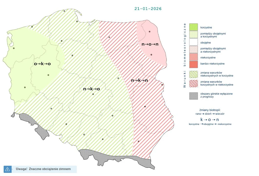 Najsilniejsze mrozy utrzymają się na wschodzie i sprawią, że rano i wieczorem pogoda nie będzie korzystnie wpływać na organizm mieszkańców Mapa biometeorologiczna Polski z podziałem na strefy o różnym wpływie warunków pogodowych na organizm, z podkreślonymi obszarami korzystnymi, obojętnymi oraz niekorzystnymi dla zdrowia, oznaczonymi różnymi kolorami i liniami. Data prognozy wskazuje dzi...