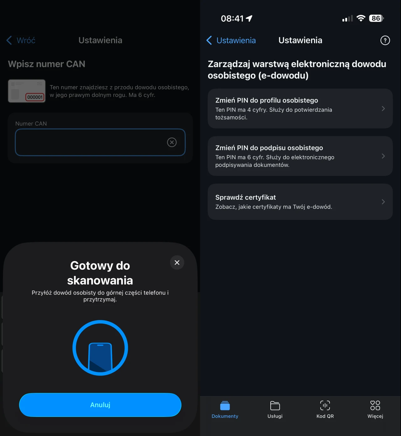 Interfejs aplikacji mobilnej wyświetlający ustawienia dotyczące zarządzania elektroniczną warstwą dowodu osobistego, z opcjami zmiany PIN oraz weryfikacji certyfikatów. Na dolnej części ekranu widoczna jest instrukcja przygotowania dokumentu do skanowa...